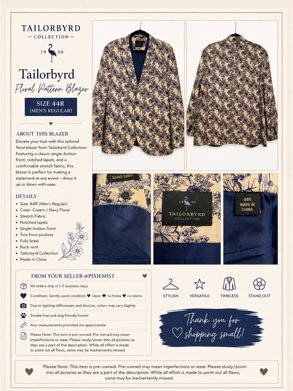 Tailorbyrd Cream & Navy Floral Sport Coat